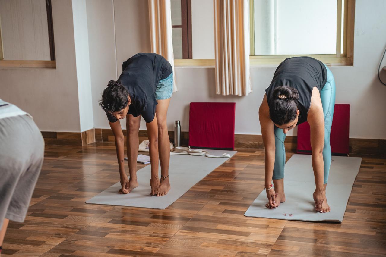 Two students in forward fold assisted by Likhitha in a studio session